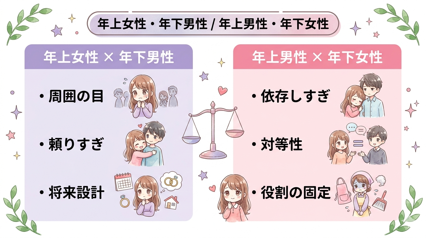 年上女性と年下男性、年上男性と年下女性の違いを比較した図解画像
