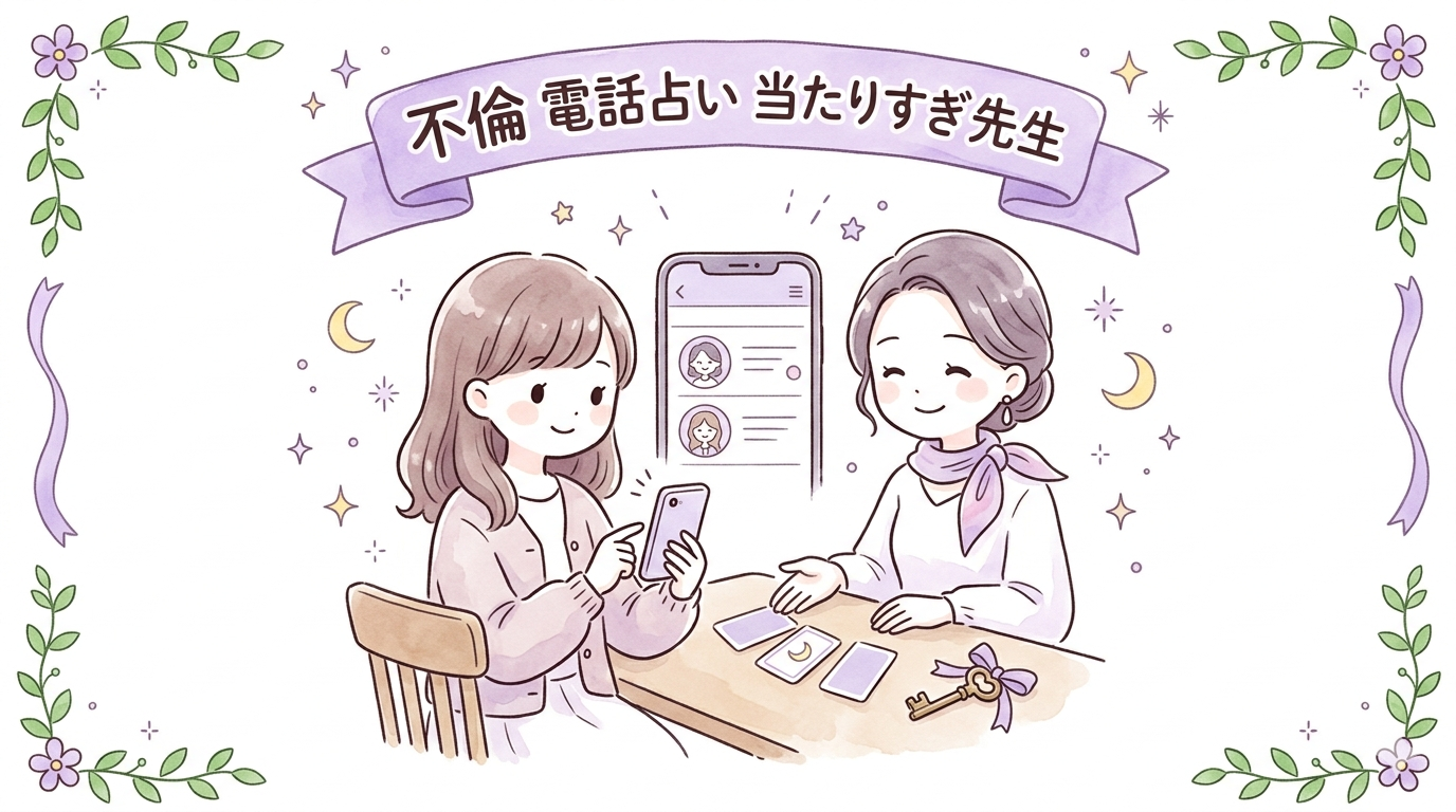 不倫相談に強い電話占いの先生を探す女性のイラスト