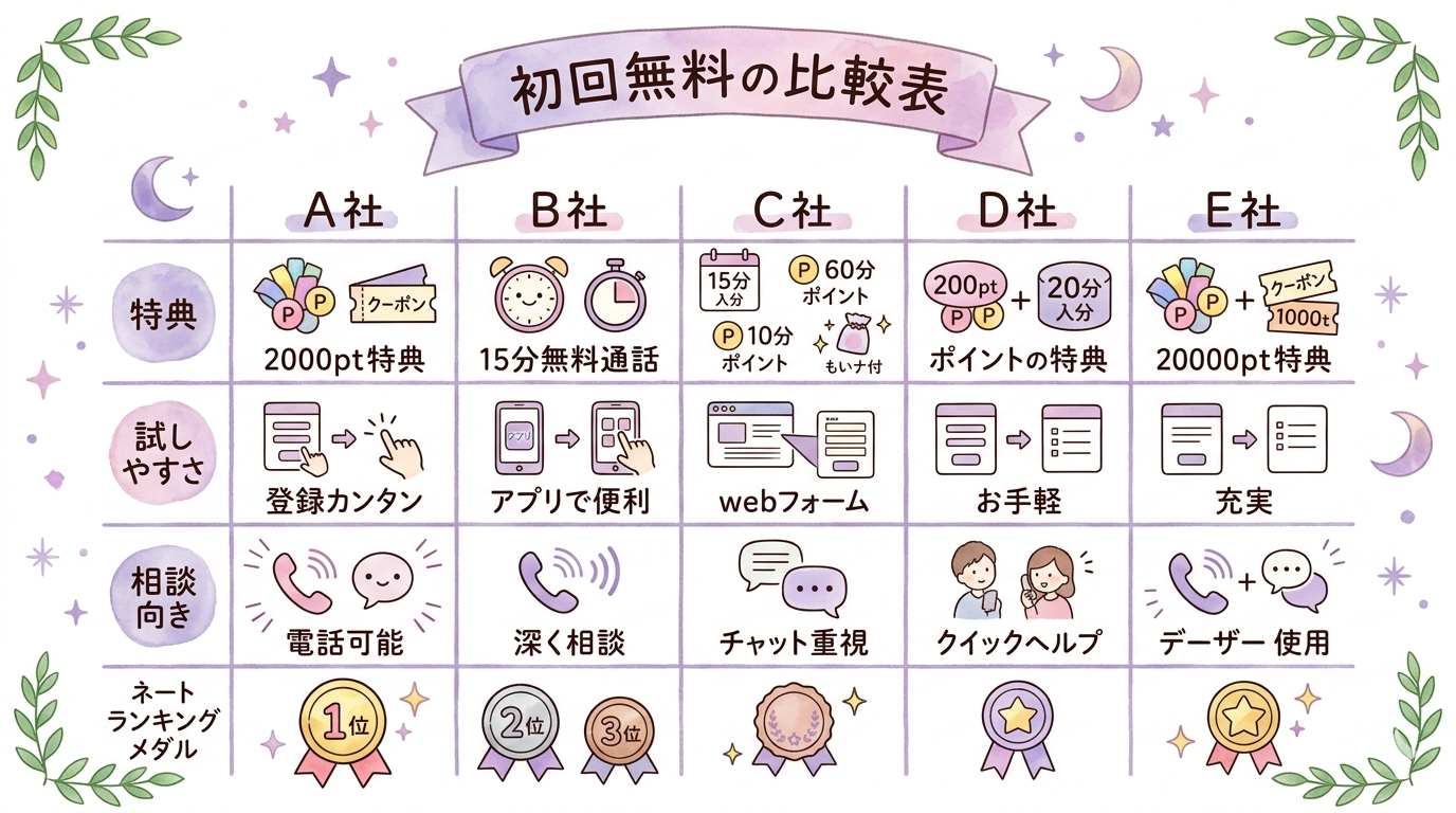初回無料の電話占い比較表を示したイラスト