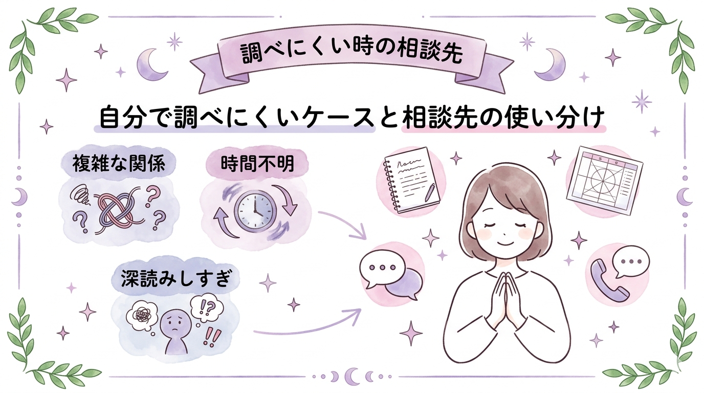 自分で調べにくいケースと相談先の使い分けをまとめたイラスト