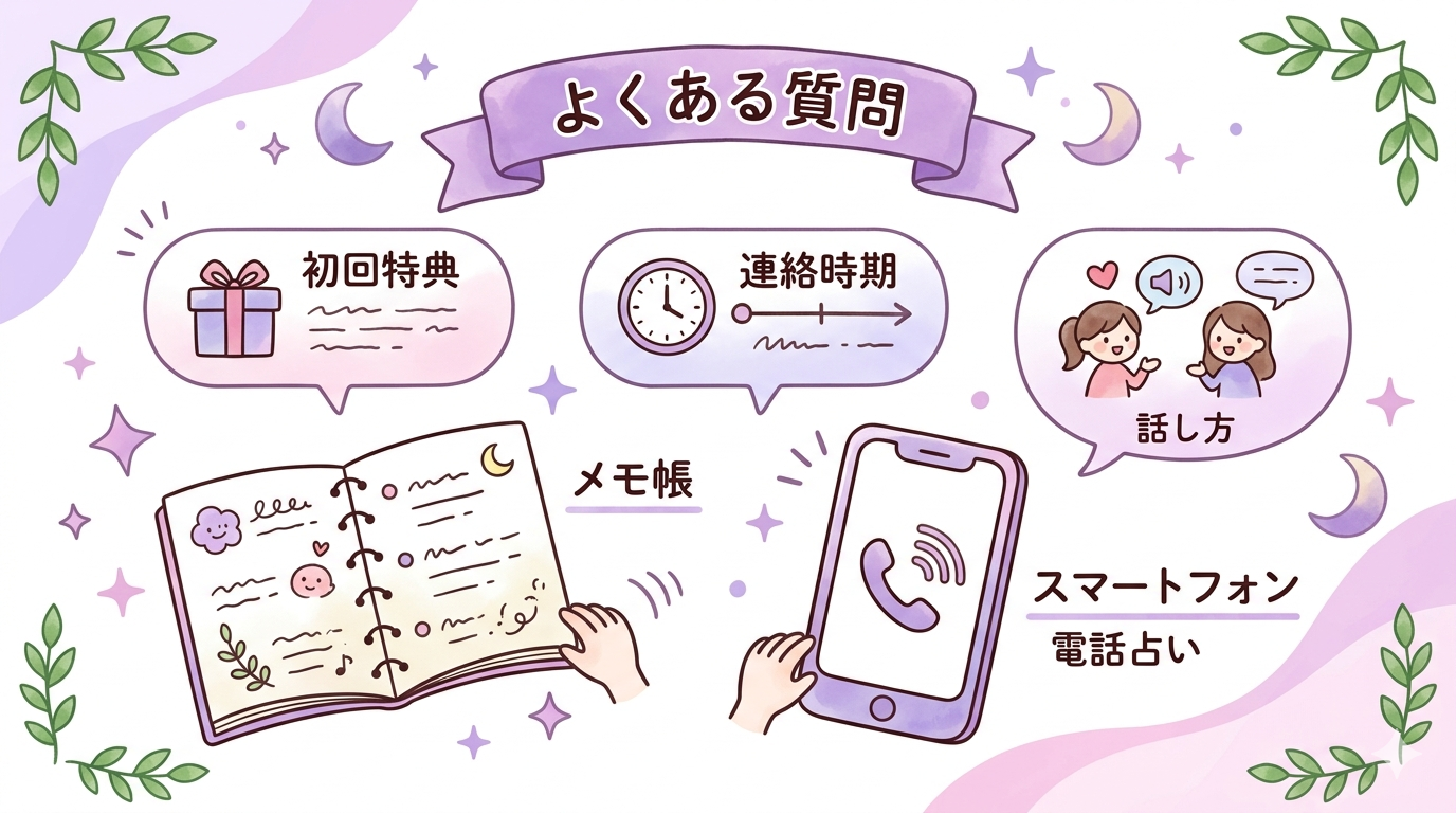 復縁相談に強い先生選びに関するよくある質問をまとめたイラスト