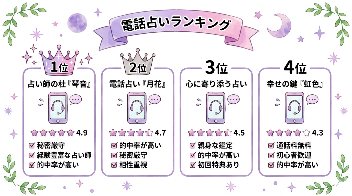 不倫相談に強い電話占いランキングを示すイラスト
