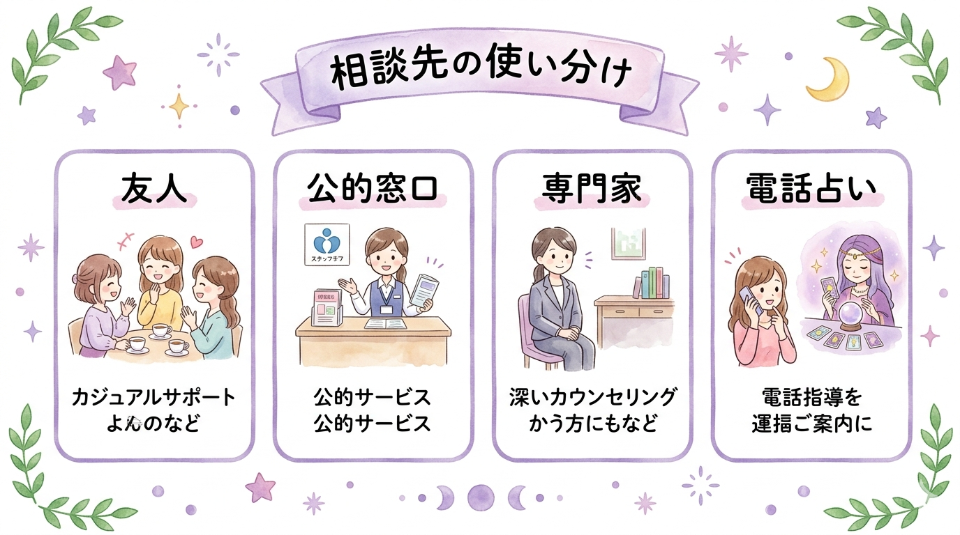 ツインレイが怖い時に使える相談先と電話占いの目安を整理したイラスト