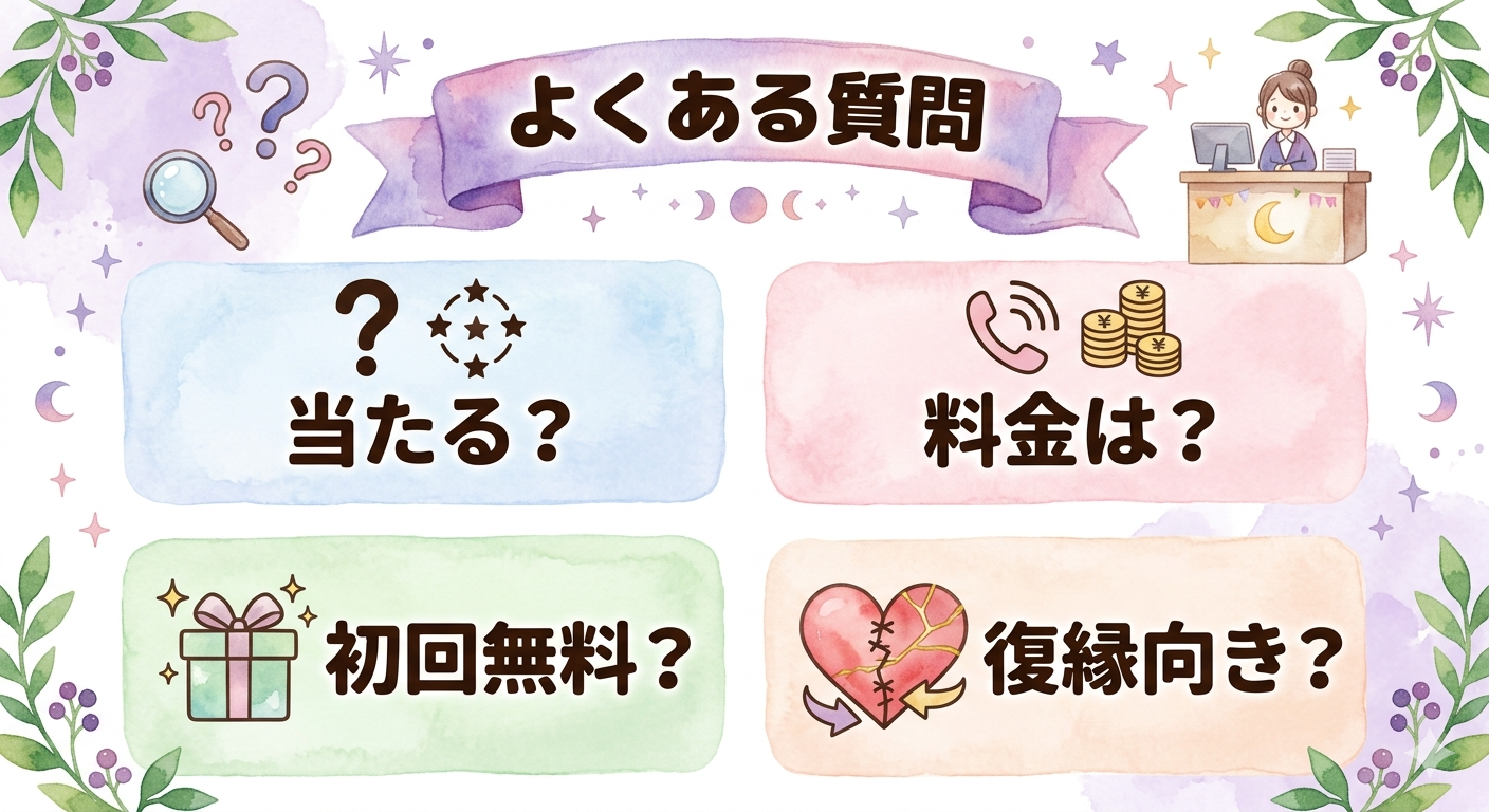電話占いおすすめランキングのよくある質問をまとめたイラスト