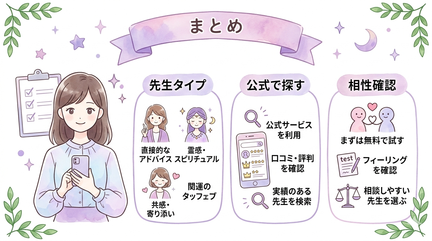 電話占いで復縁に強い先生を選ぶポイントのまとめイラスト