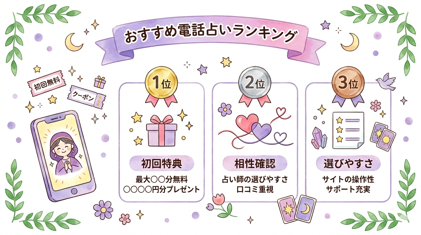 初回無料で当たりやすい電話占いランキングを示したイラスト