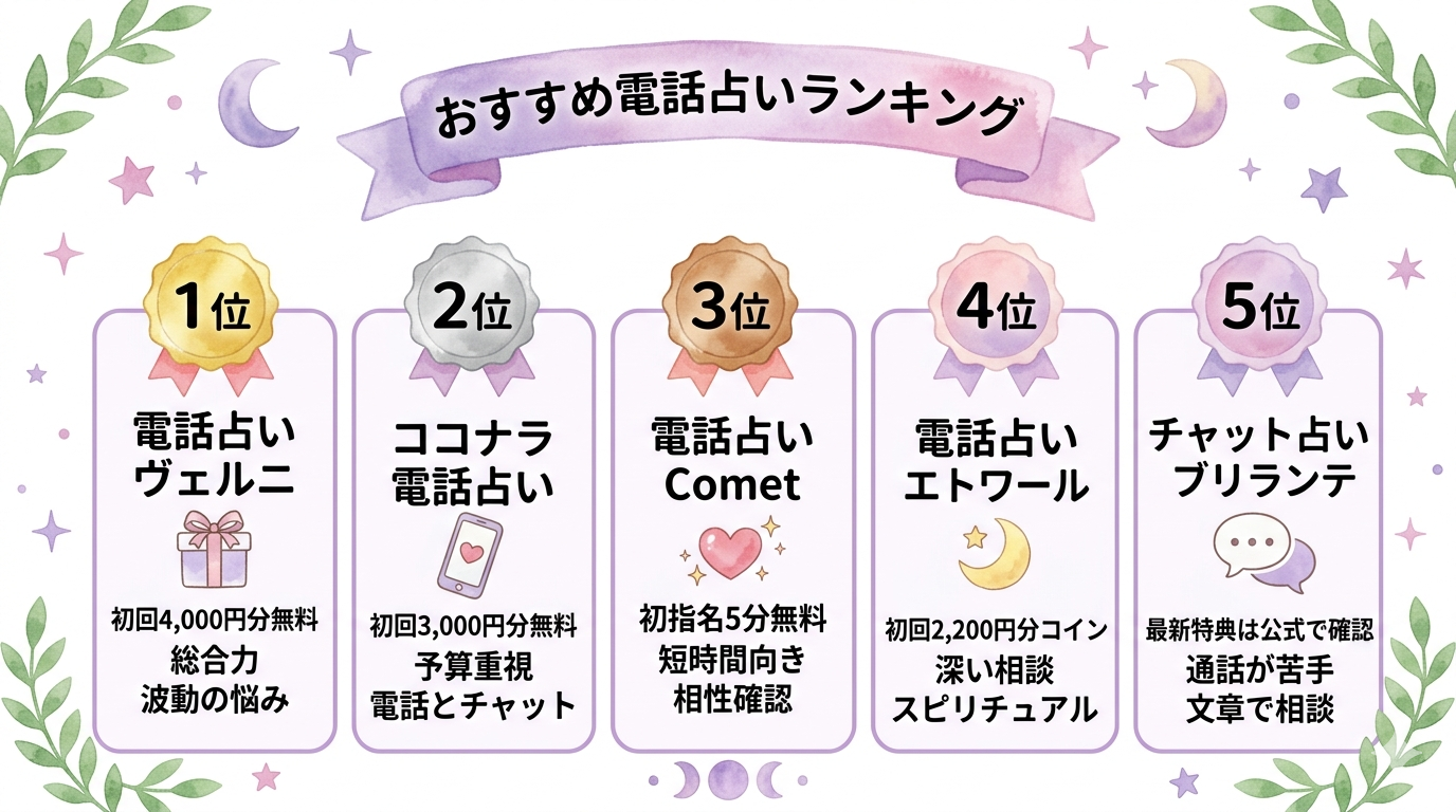 ツインレイ相談におすすめの電話占いランキングをまとめたイラスト