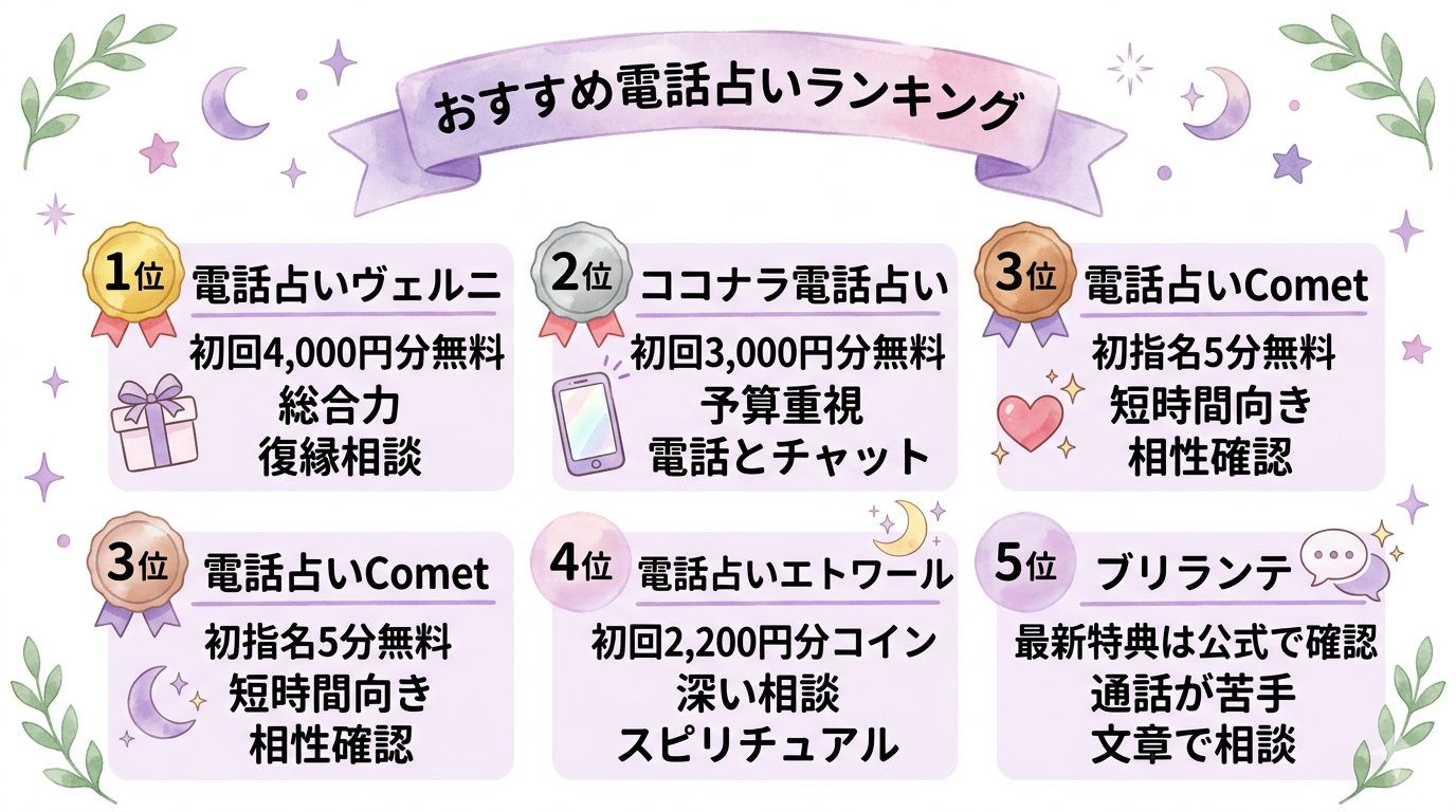 復縁相談におすすめの電話占いランキングをまとめたイラスト