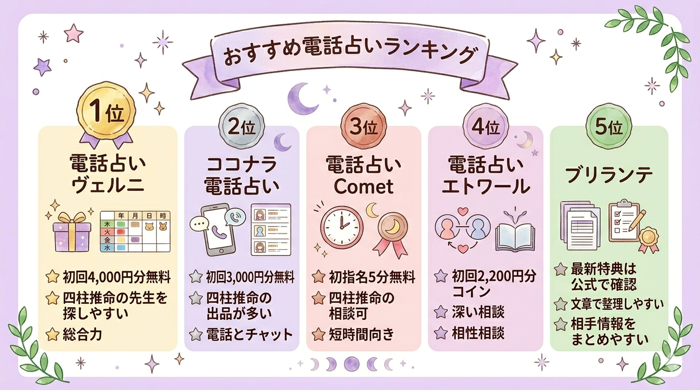 四柱推命の相談におすすめの電話占いランキングのイラスト