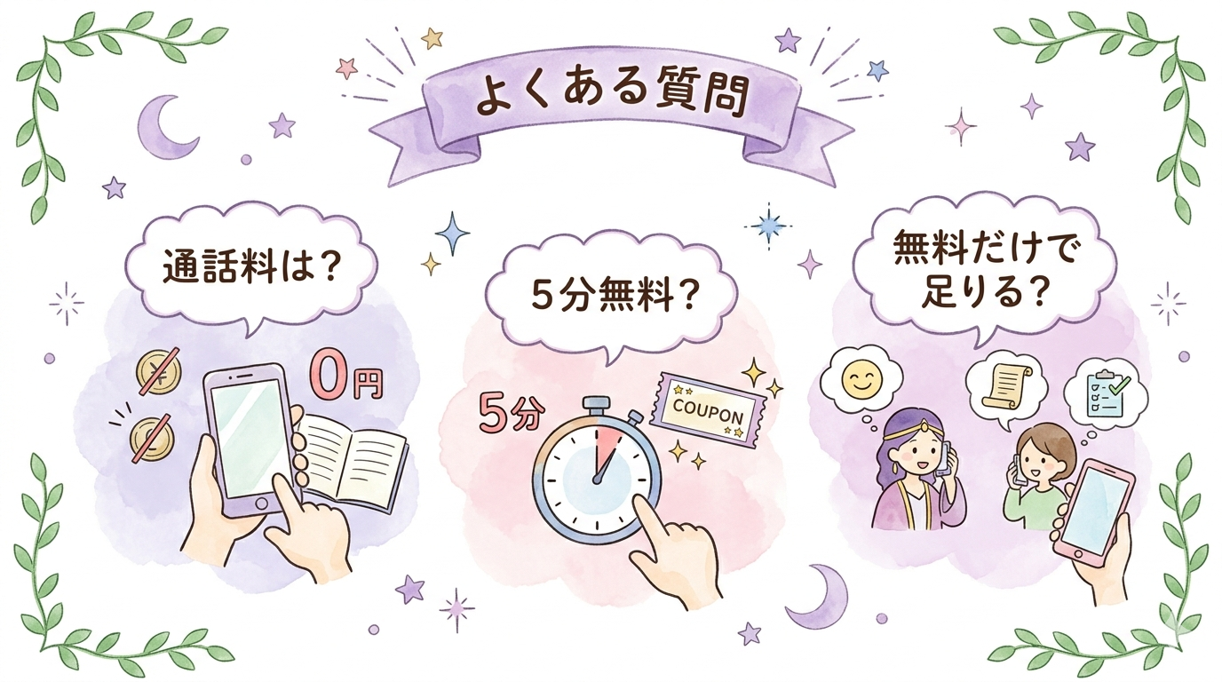 電話占いの初回無料に関するよくある質問をまとめたイラスト