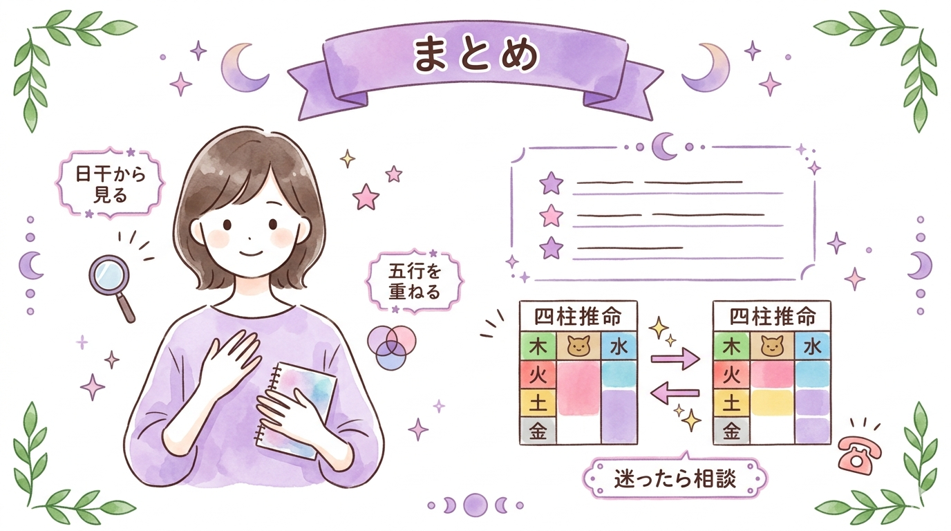 四柱推命で相性を調べる方法の記事のまとめイラスト