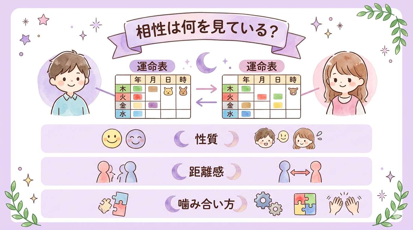 四柱推命の相性が何を見ているかを解説するイラスト