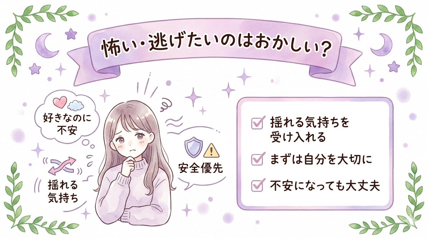 ツインレイが怖い・逃げたいと感じるのはおかしいことではないと伝えるイラスト