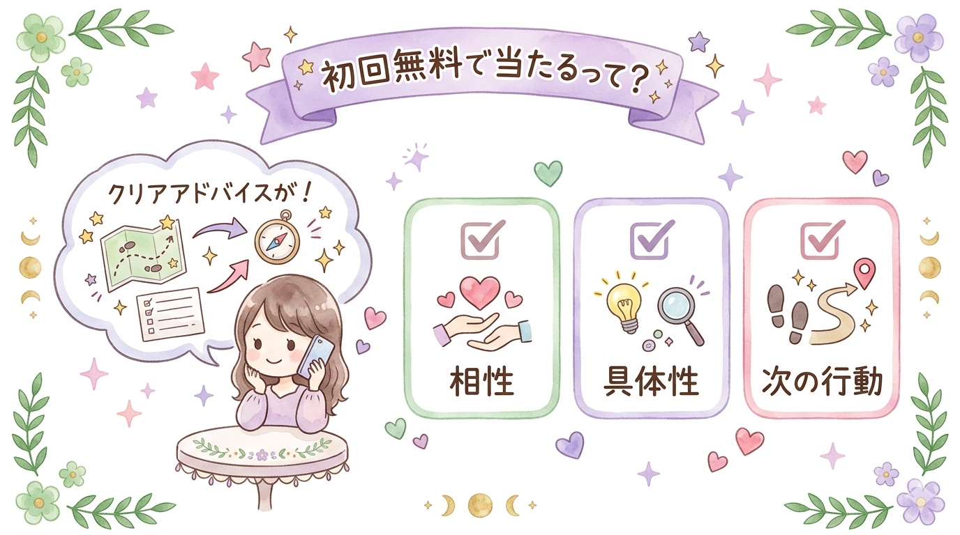 電話占いの初回無料で当たると感じる条件を整理したイラスト