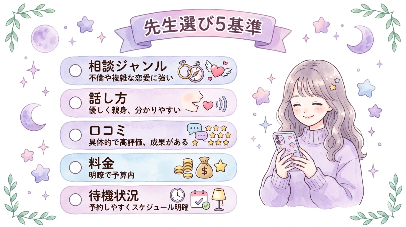 不倫の電話占いで当たりすぎと感じる先生の共通点を示すイラスト