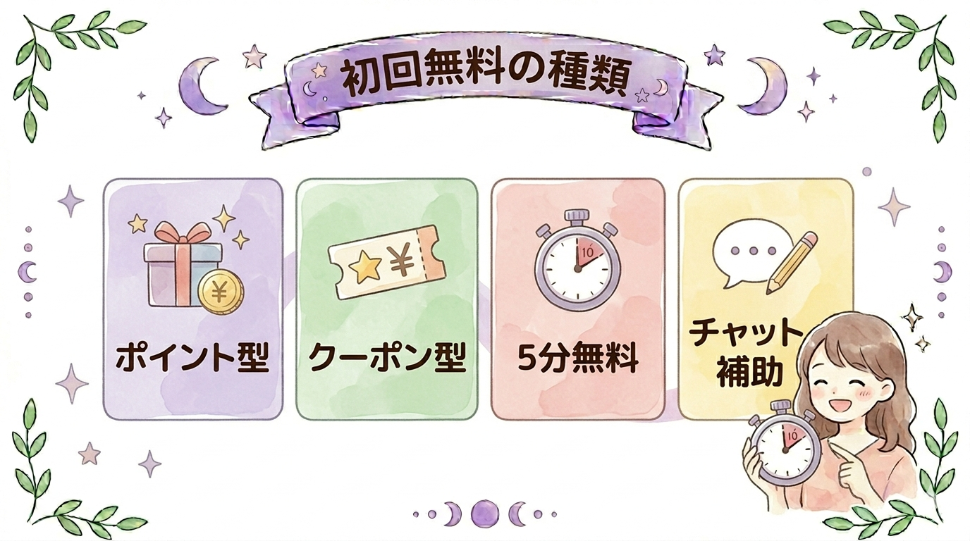 電話占いの初回無料特典の種類を比較したイラスト