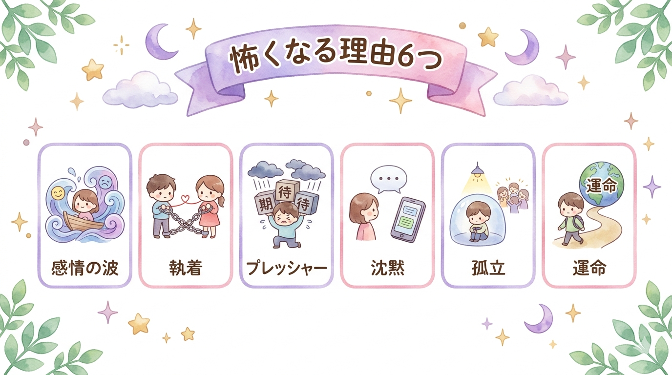 ツインレイが怖くなる主な理由6つをまとめたイラスト
