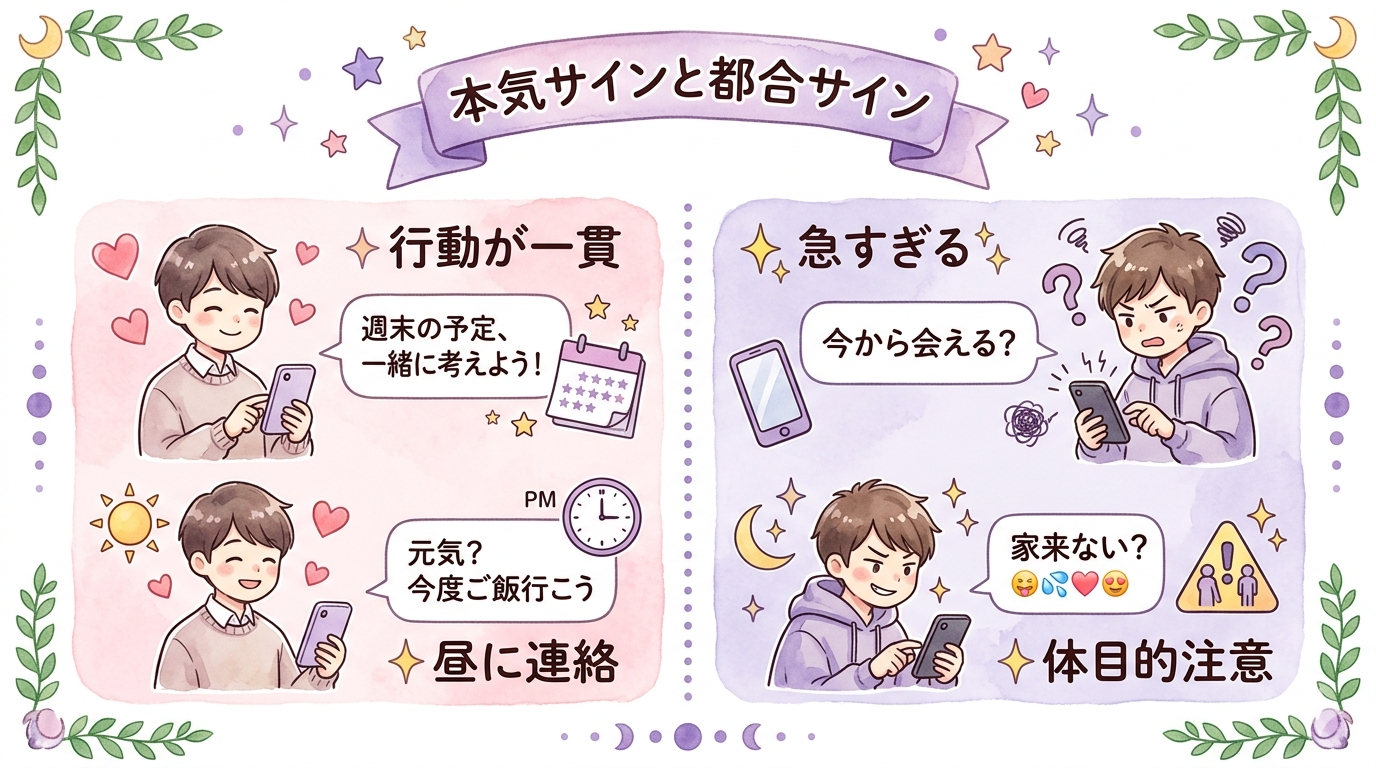 突然連絡してきた元彼の本気サインと都合サインを比較したイラスト
