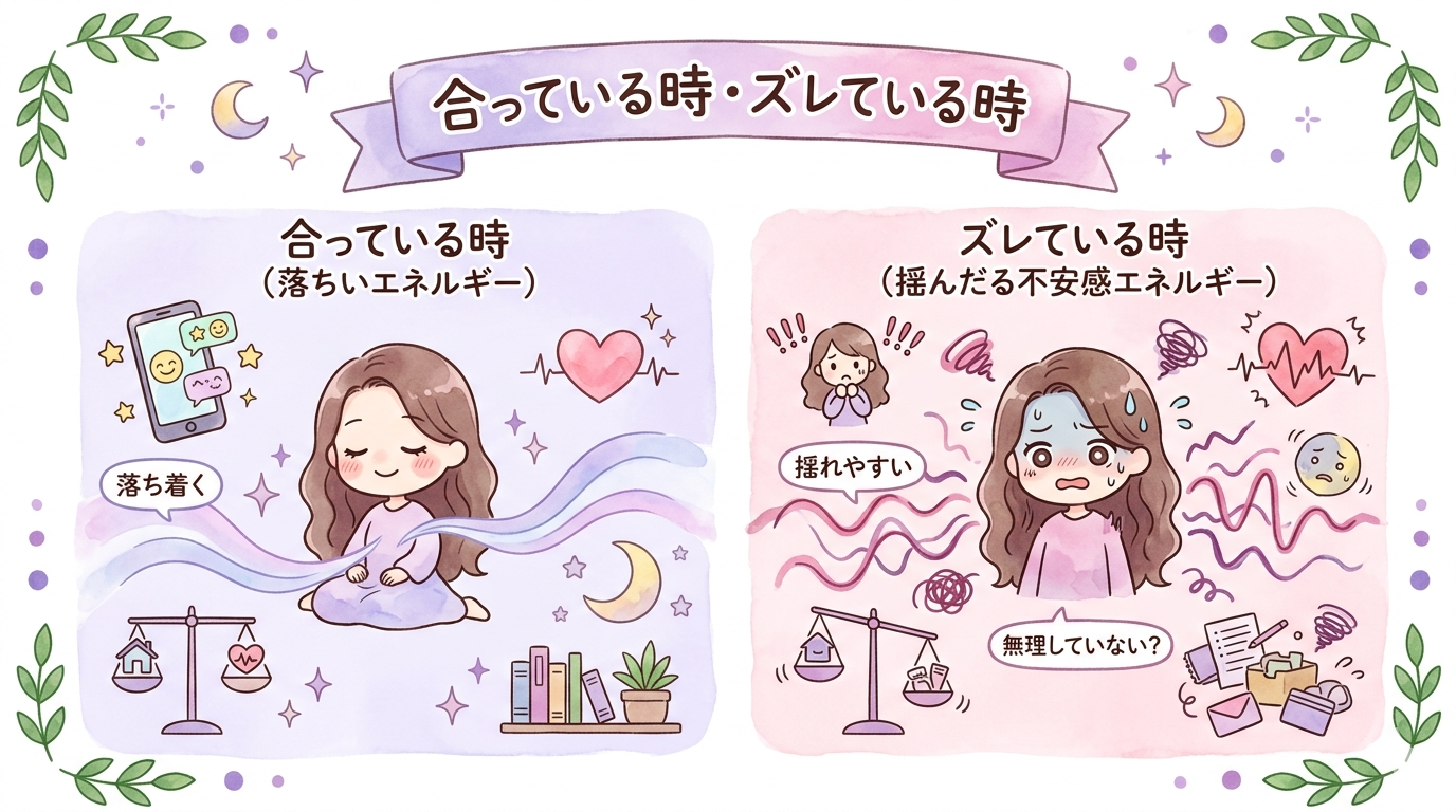 波動が合っている時とズレている時のサインを比較したイラスト