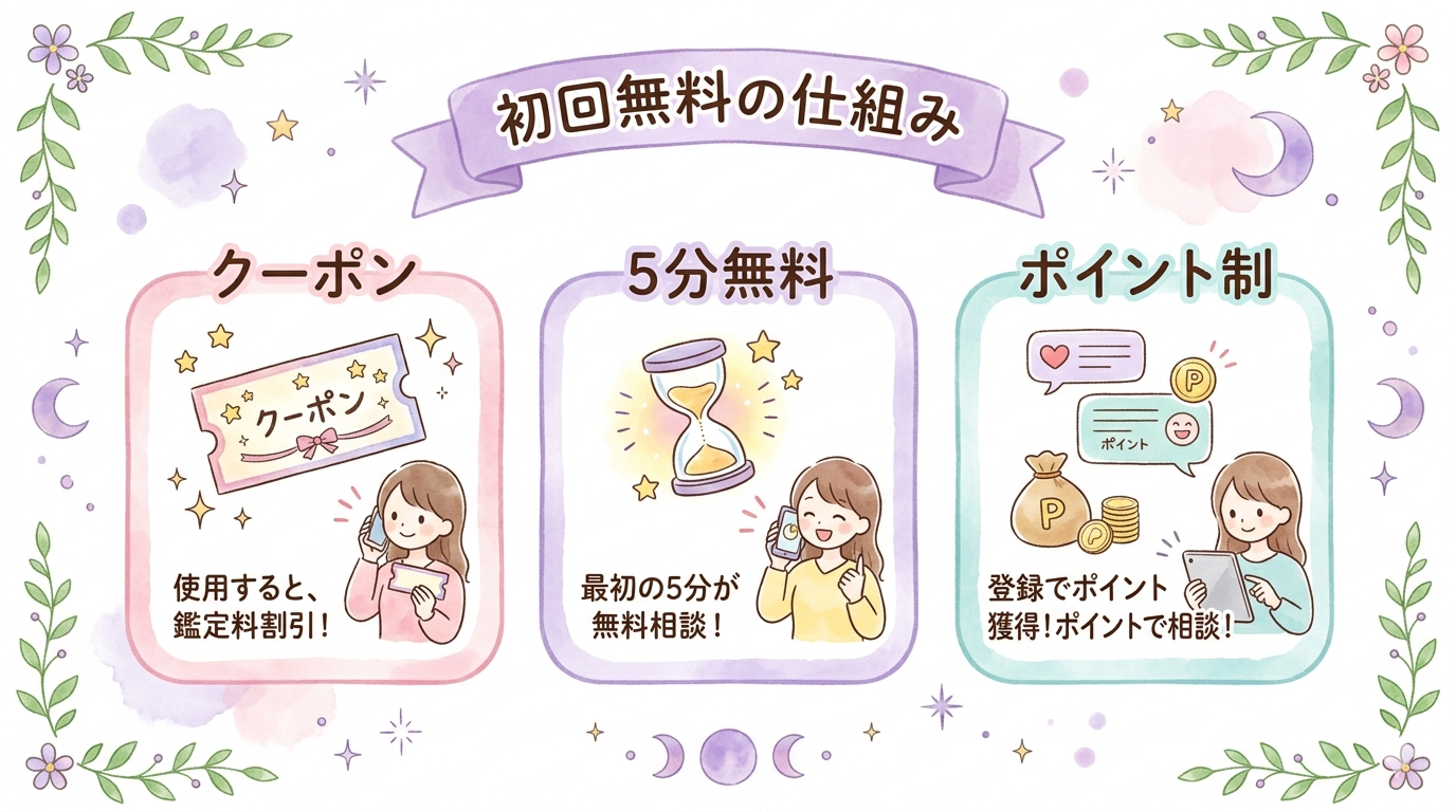 初回無料の電話占いの仕組みを比較したイラスト