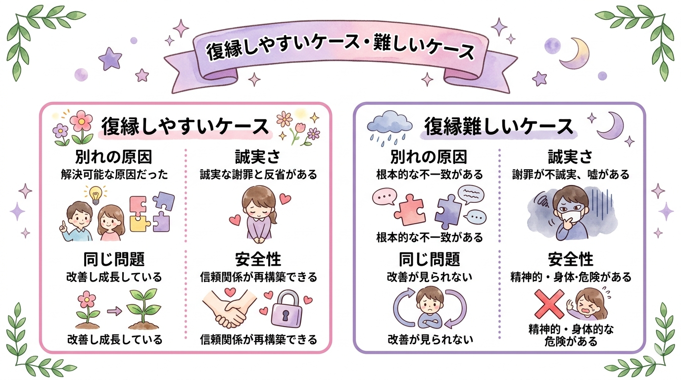 音信不通から復縁しやすいケースと難しいケースを比較したイラスト