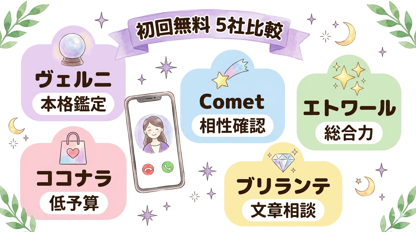 初回無料おすすめ5社を公式条件で比較した表のイラスト