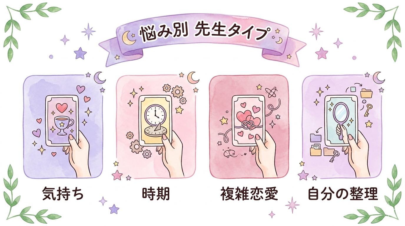 復縁相談の悩み別に相性がいい占術と先生タイプを比較したイラスト