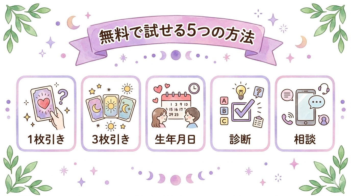 彼の気持ちを無料で占える方法5つを比較したイラスト