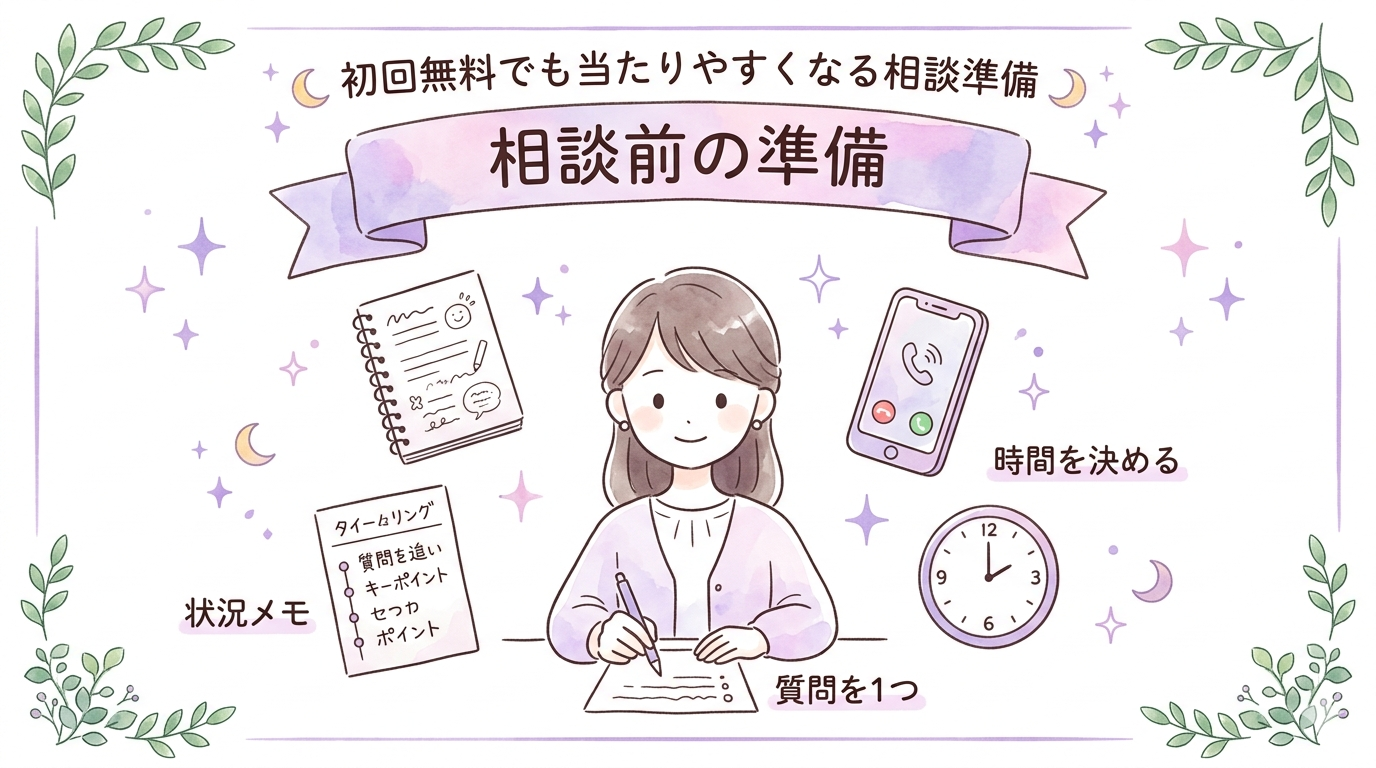 初回無料でも当たりやすくなる相談準備をまとめたイラスト