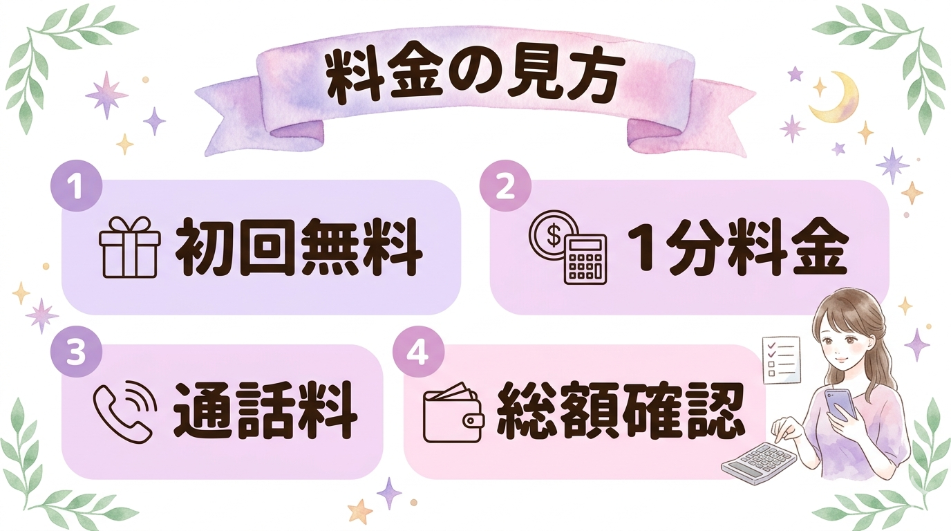 電話占いの初回無料と料金と通話料を確認するイラスト