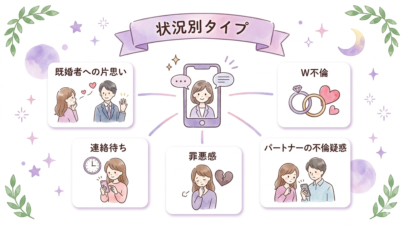 不倫に強い電話占い師を選ぶ5つの基準を示すイラスト