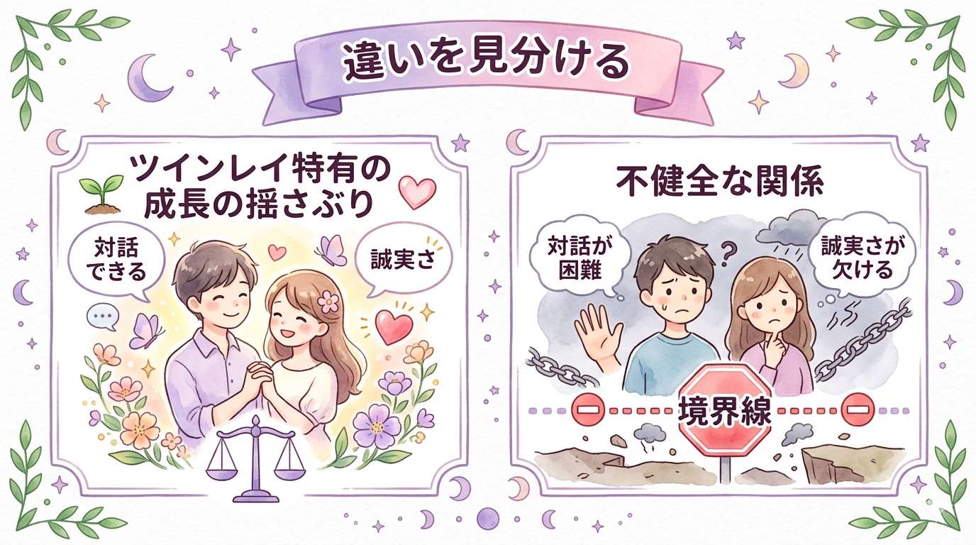 ツインレイ特有の揺さぶりと不健全な関係の違いを比較するイラスト