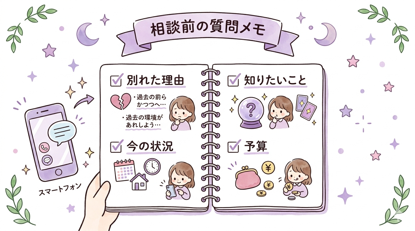 電話占いで復縁相談する前に整理したい質問メモを示したイラスト