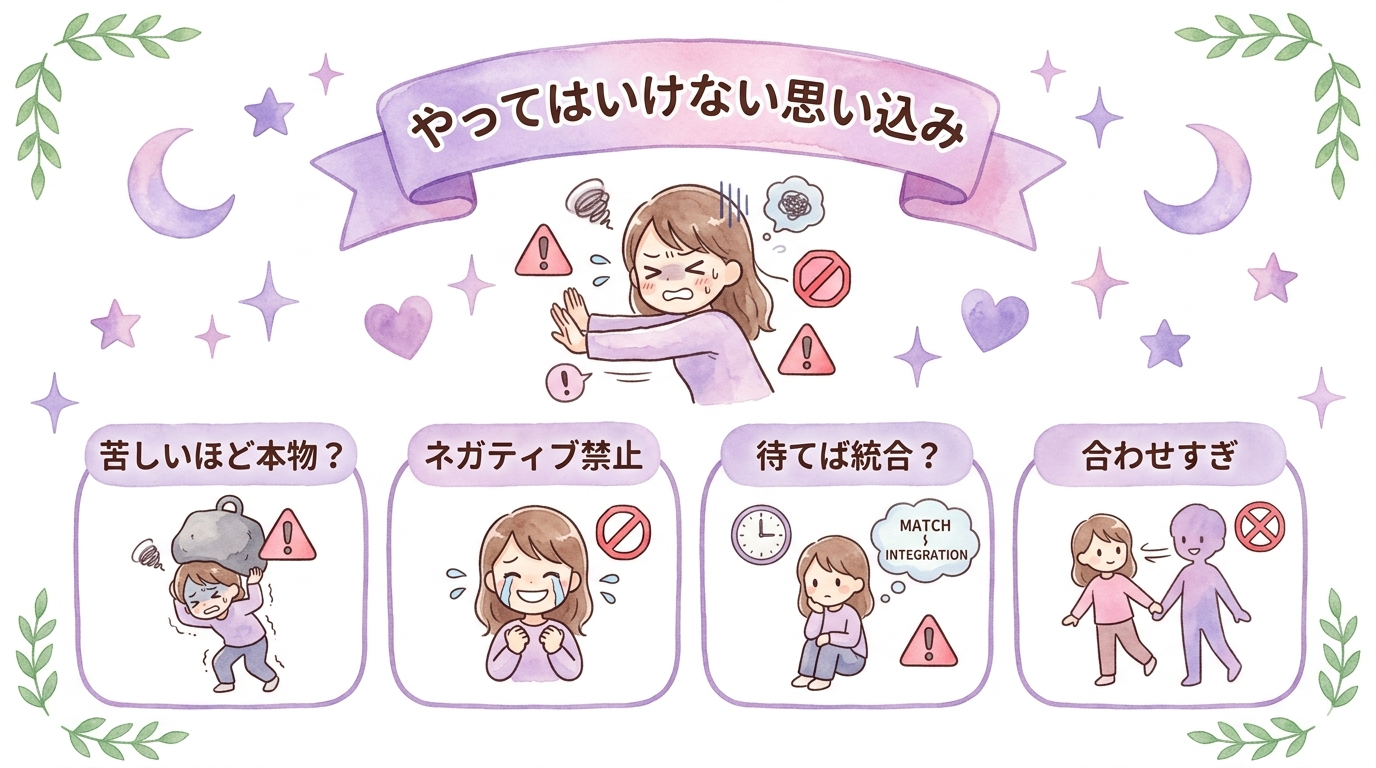 ツインレイの波動を合わせたい時に避けたい思い込みをまとめたイラスト
