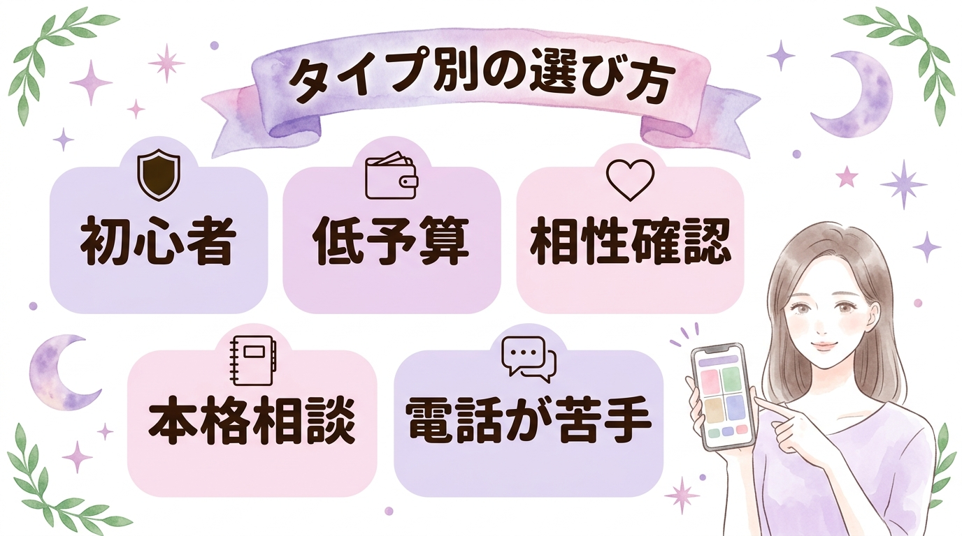 利用者タイプ別に初回無料の電話占いを選ぶイラスト