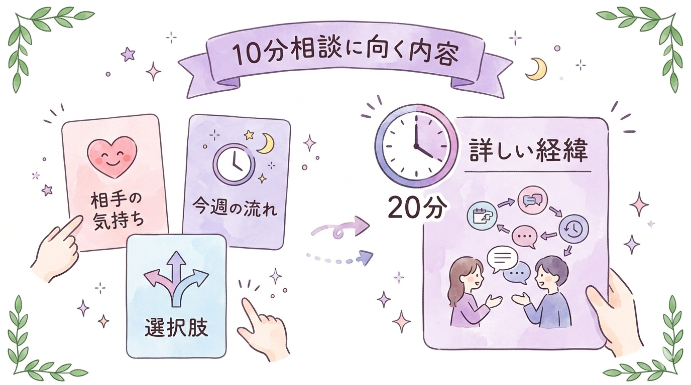 電話占い10分で相談できる内容と足りない内容のイラスト