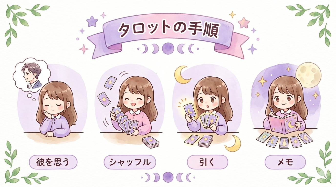タロットで彼の気持ちを占う手順を示したイラスト