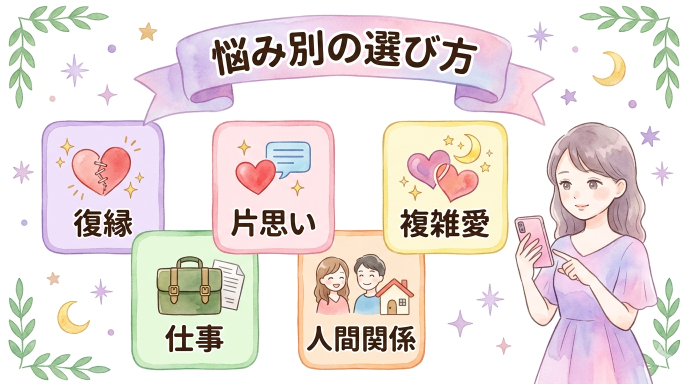 復縁や相手の気持ちなど悩み別に電話占いを選ぶイラスト