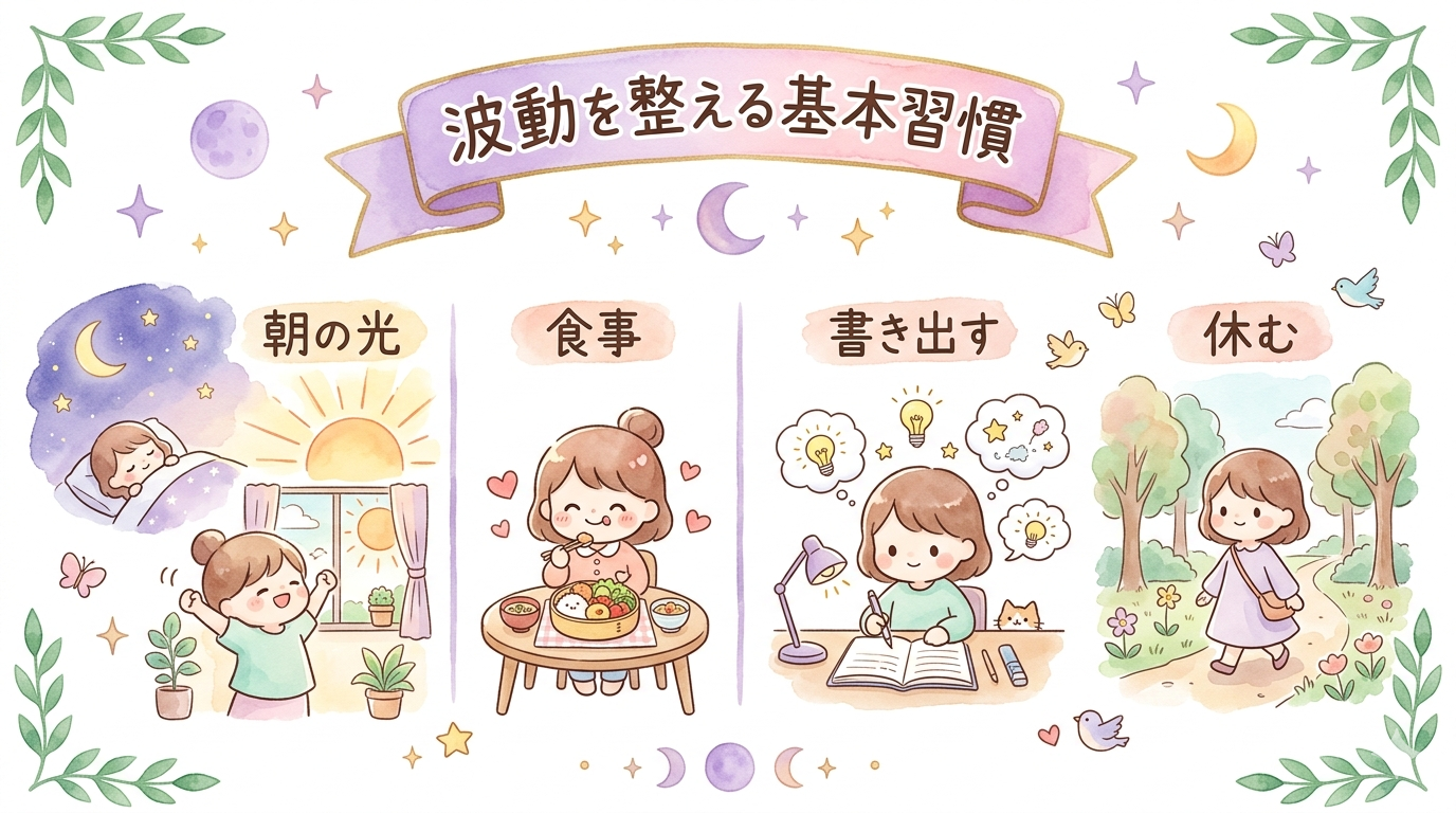 ツインレイの波動を整える基本習慣をまとめたイラスト