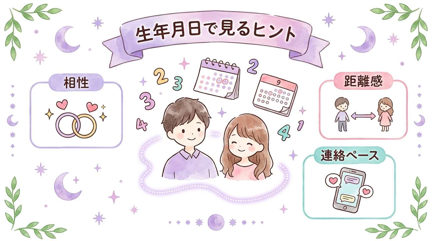生年月日占いで相性と彼の本音のヒントを見るイラスト
