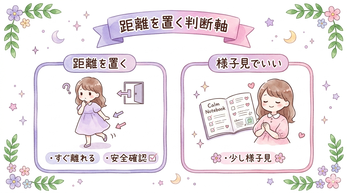 ツインレイの相手と距離を置くべきケースと様子見でいいケースを整理したイラスト