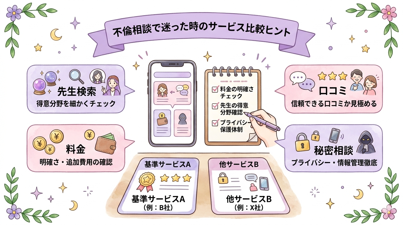 不倫相談で使う占術別の特徴を示すイラスト