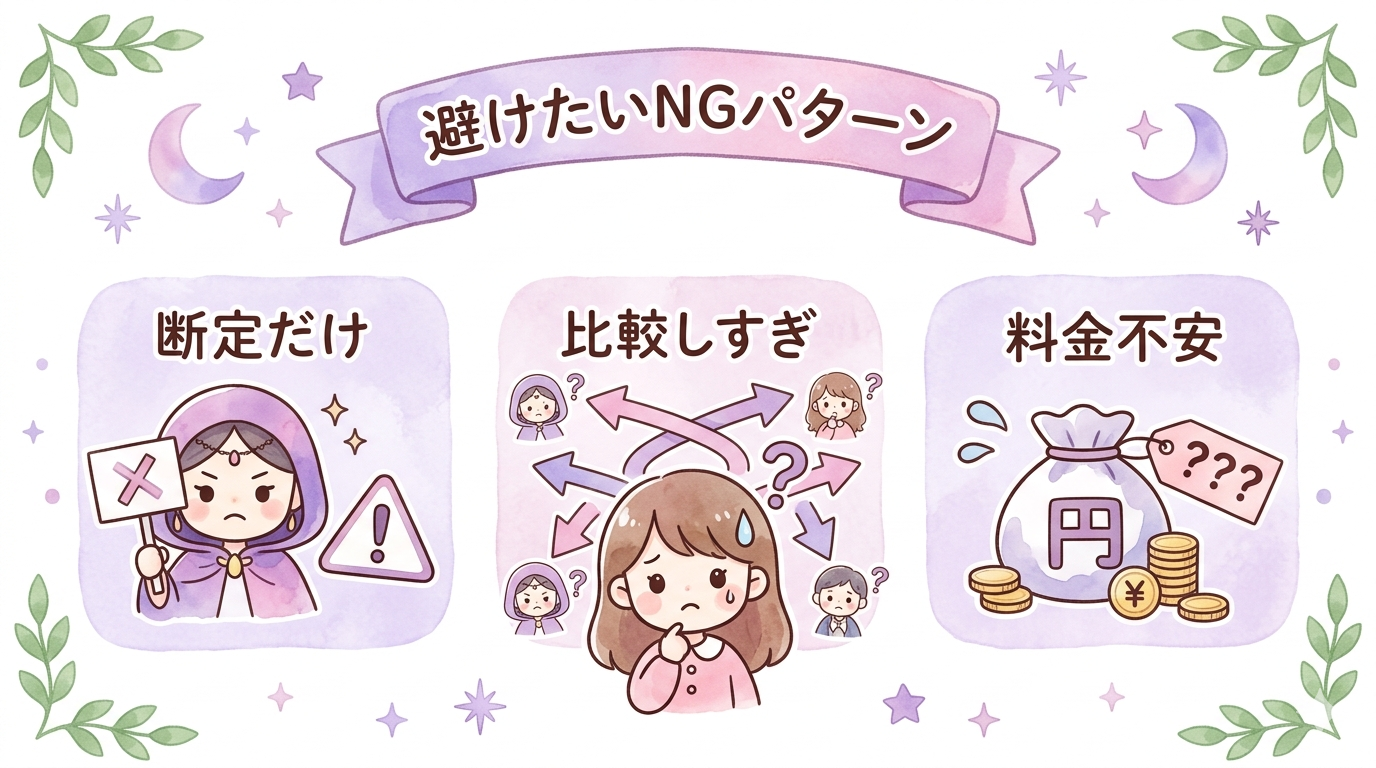 復縁相談で避けたい先生選びのNGパターンをまとめたイラスト