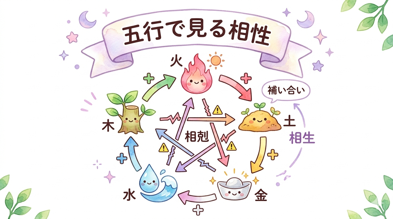 五行の相生と相剋で相性を見る方法を解説するイラスト