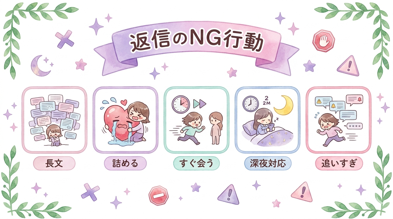 返信するときにやってはいけないNG行動をまとめたイラスト