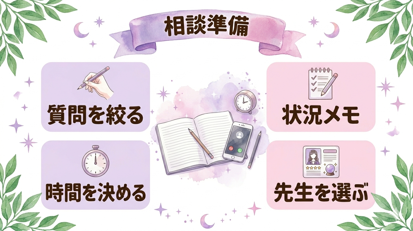 初回無料の電話占いをムダにしない相談準備のイラスト