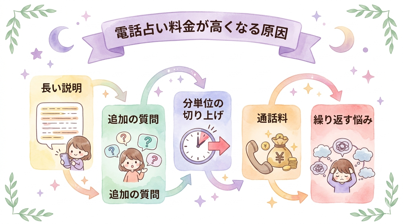 電話占い料金が高くなる原因をまとめたイラスト