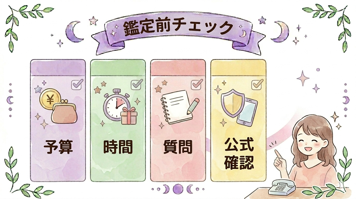 初めて電話占いを使う前の安全チェックを示すイラスト