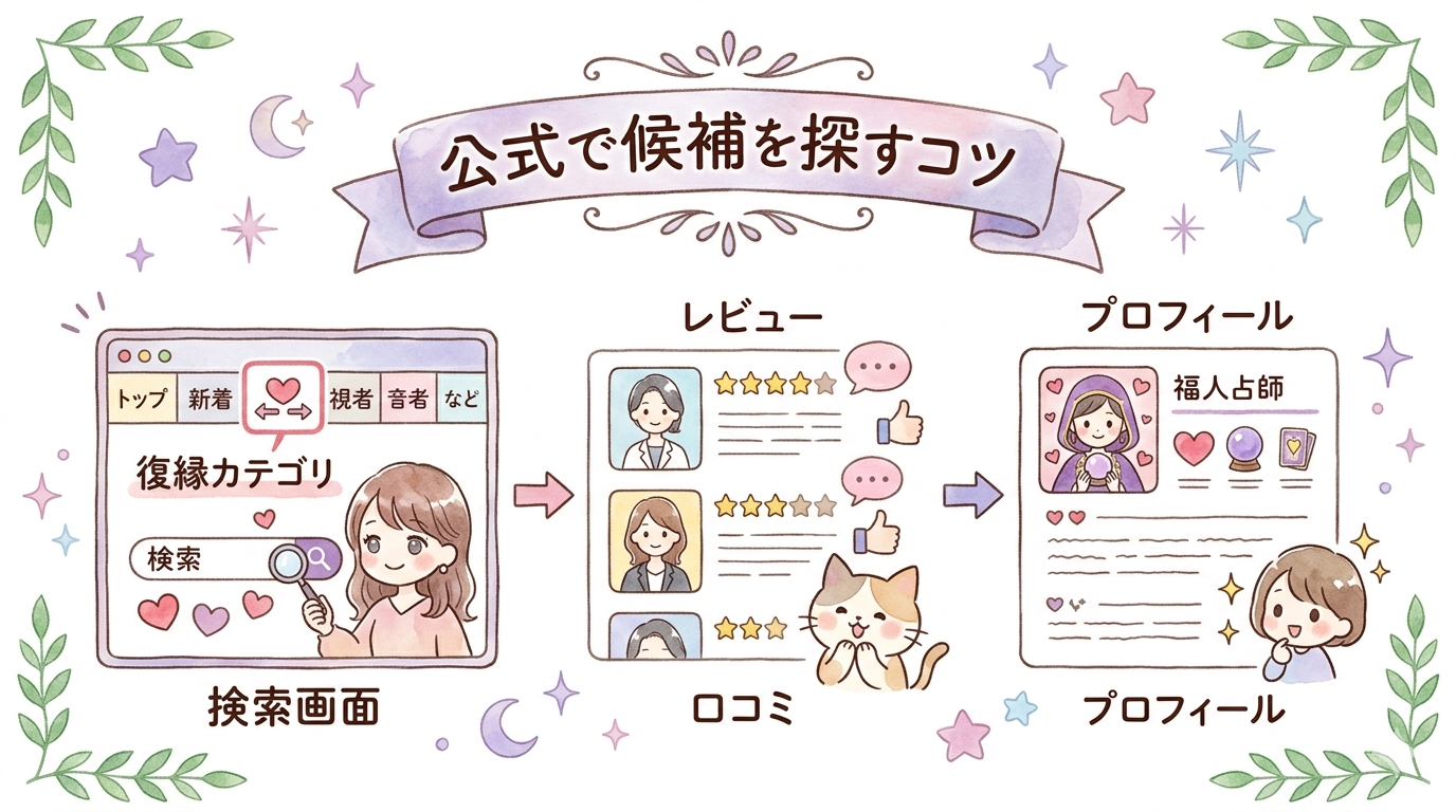 公式サイトで復縁向きの先生候補を見つけるコツを示したイラスト