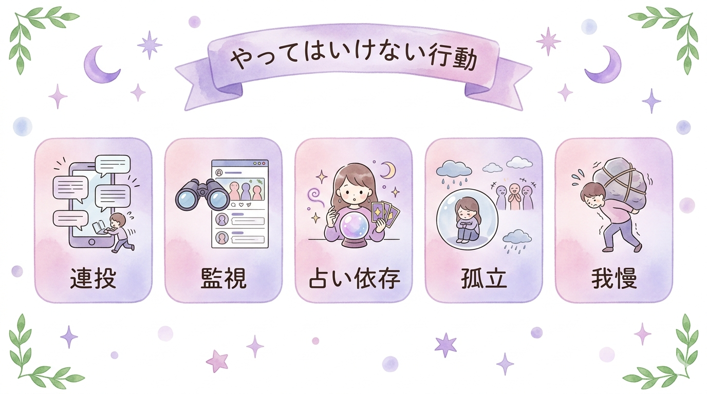 ツインレイが怖い時にやってはいけない行動をまとめたイラスト